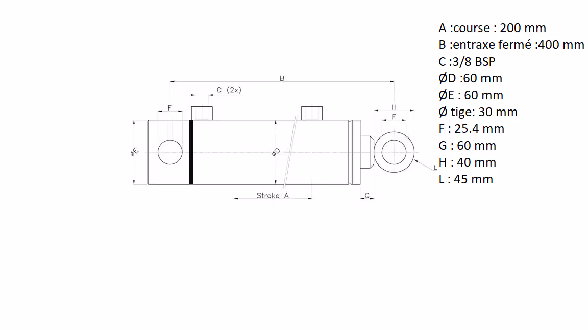 Vérin double effet 30x50x200 EAF 400 mm adaptable