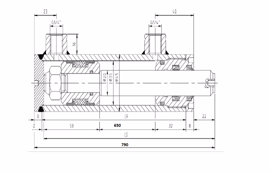 Vérin double effet sans fixation Ø20/35 - course 650 mm - Entraxe fermé 790 mm