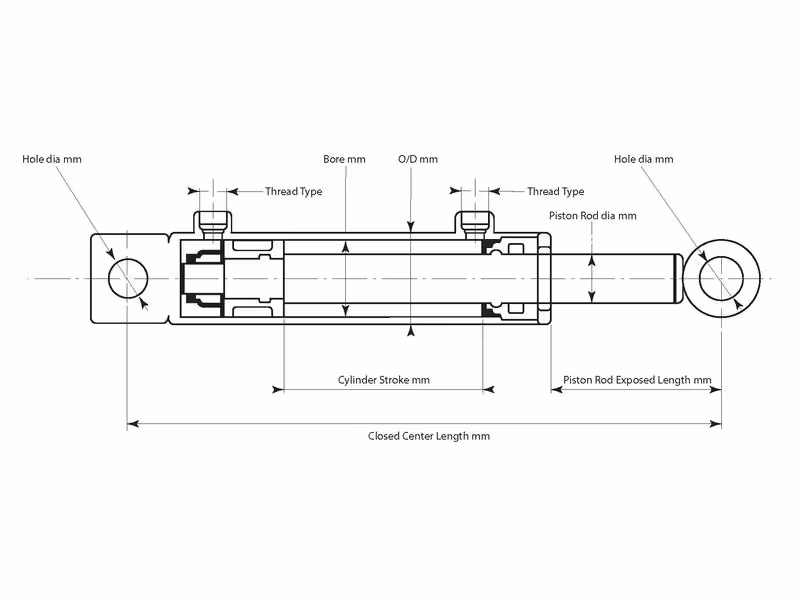 Vérin hydraulique double effet avec extrémités, 20 x 32 x 100mm