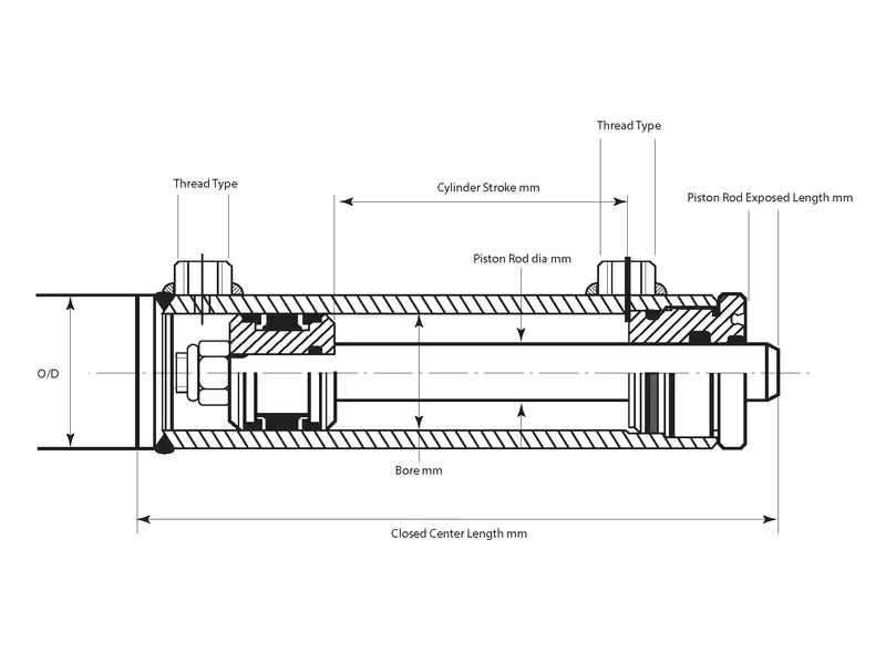 Vérin hydraulique double effet sans extrémités, 25 x 40 x 100mm